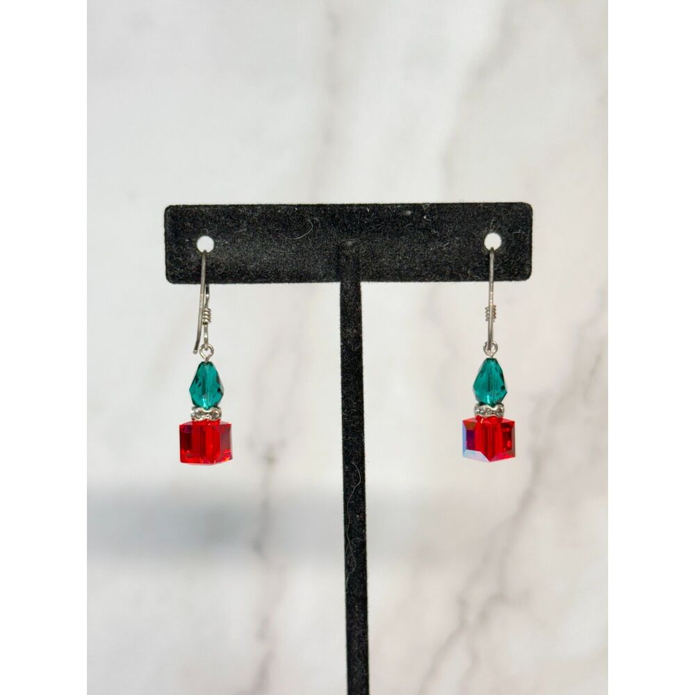 Sterling Silver Christmas Crystal Earrings Teal Red 1.5"